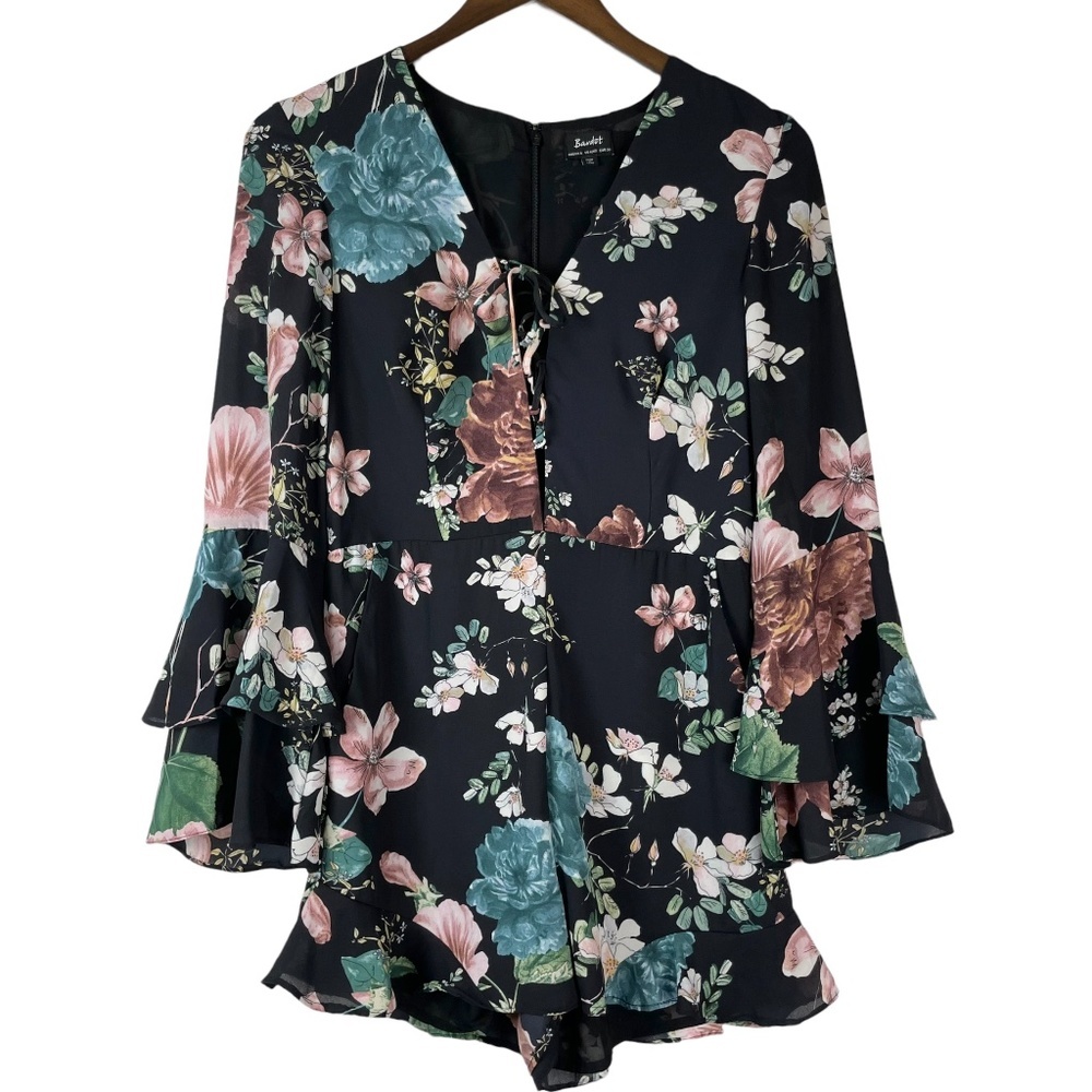 Bardot Amelia Black Floral Ruffle Bell Sleeve Playsuit Romper Size 4‎ XS - Picture 2 of 7